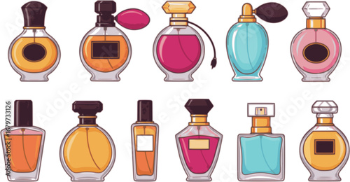Flat icon set of parfume bottles. Man and women fragrances in various shaped bottles.
