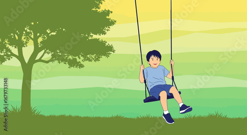 Child Enjoying Sunlight While Swinging on a Swing Set in a Pleasant Green Environment