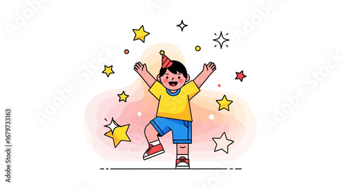 Cheerful Boy Celebrating With Stars And Joy During A Special Day Of Celebration