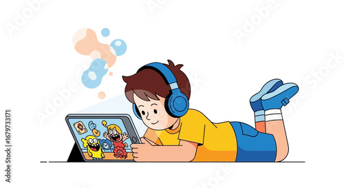Child Enjoying Tablet: Leisure Time with Headphone, Online Entertainment, Smiling