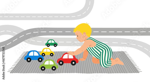 Child Exploring Toy Cars Near Roadways Amidst A Playful And Curious Exploration