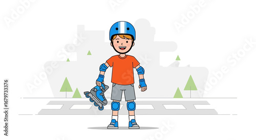 Cheerful Boy Posing Proudly with Roller Skates Ready for Skating Adventure