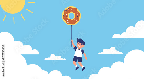 Child flying with donut balloon in blue sky with white clouds and yellow sun