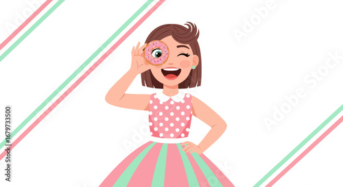 Cheerful cartoon girl looking through a donut with a happy expression vector illustration