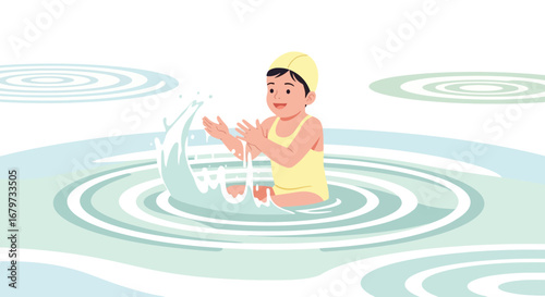 Cheerful cartoon of girl playing in the water, splash water game on white background