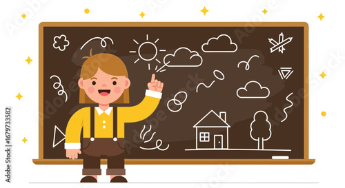 Cheerful Child Educating And Presenting Simple Concepts On A Chalkboard Illustration