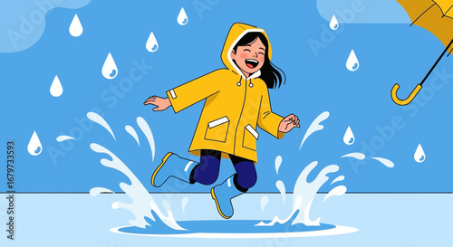 Cheerful Child Enjoying A Rainy Day Outdoors Jumping And Playing In Puddles Illustration