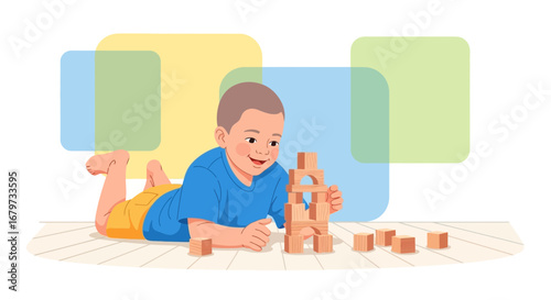 Child Having Fun Playing with Wooden Blocks Constructing a Tower on the Floor