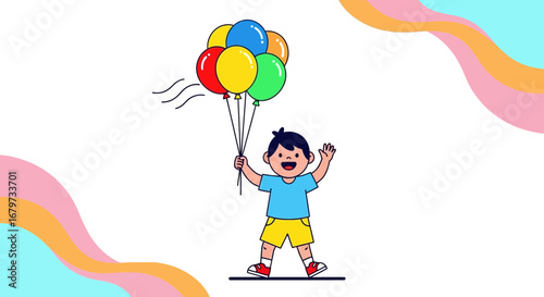 Cheerful Child Holding Balloons, Celebrating Happiness, Joyfully Amidst Colorful Backdrop