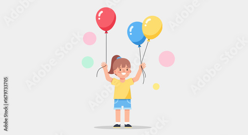 Cheerful Child Holding Balloons, Expressing Joy In Playful Illustration Style