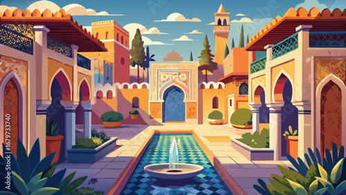 Medina of Fez, Morocco, winds with ancient gates, tiled fountains, and maze-like alleys. Soft diffused sunlight; semi-realistic flat vector focused on arches, color mosaics, layered urban texture, and