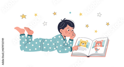 Child In Pajamas Reading A Book With Bear Illustrations Under A Night Sky
