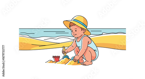 Cheerful Child Playing Beachside Creating Sandcastles Under The Bright Summer Sun