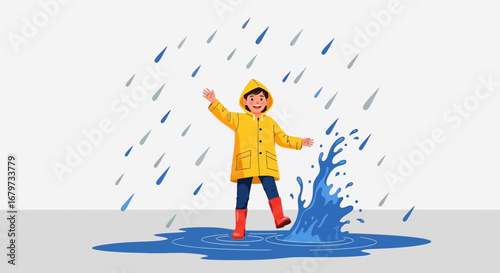 Child in raincoat playing in puddle during rain, illustration with cheerful vibe