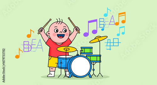 Cheerful Child Playing Drums and Producing Rhythmic Melodies with Musical Notes in Illustration