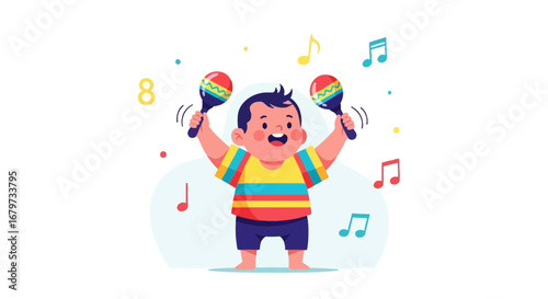 Cheerful child playing maracas and musical notes, colorful cartoon illustration