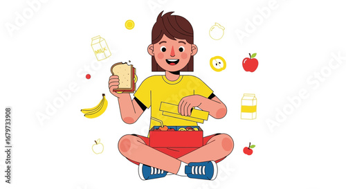 Cheerful Child Preparing a Delicious Lunchbox Containing Healthy Food and Drinks