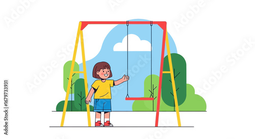 Cheerful Child Ready To Play On The Swing Set In A Playful Outdoor Scene