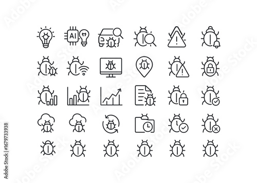 vector outline icons Debug (Advanced) debug smart debug ai debug auto debug manual debug synced debug unsynced debug online debug offline debug monitor debug tracker debug alert debug.