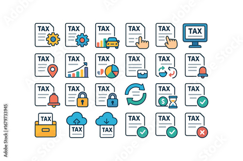 colorful flat vector icons Tax (Advanced) tax smart tax ai tax auto tax manual tax monitor tax track tax stats tax chart tax graph tax report tax alert tax notify tax secure tax unsecure.