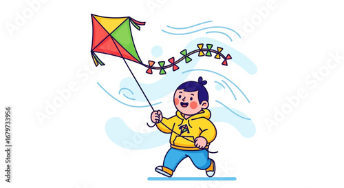 Child Joyfully Flying Colorful Kite, Outdoors In Sunny Weather, Illustration Style