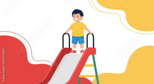 Cheerful Child Ready To Slide Down Playground Equipment On A Beautiful Day