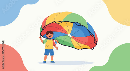 Cheerful Child Shows Creative Play Using A Colorful, Patterned Parachute, Expressing Joy
