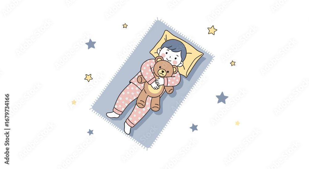 Obraz premium Child Lying Down Cuddling Teddy Bear While Dreaming During The Evening Sleep