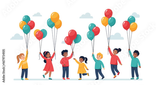 Cheerful Children Holding Colorful Balloons Celebrate Life's Joyful Moments Together Always