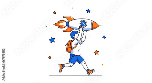 Child Launches Rocket Towards Exciting Future Amidst Cosmic Illustrations