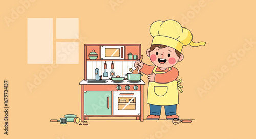 Cheerful Childs Playtime in The Kitchen With Cooking Tools and Delicious Meal Preparation