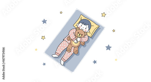 Child Lying Down Cuddling Teddy Bear While Dreaming During The Evening Sleep