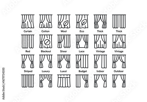 vector outline icons Curtains (Types) curtains silk curtains cotton curtains wool curtains eco curtains smart curtains thick curtains thin curtains blackout curtains sheer curtains lace.