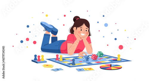Cheerful Female Enjoying Board Game at Home with Colorful Dice and Tokens.