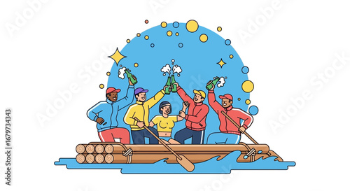 Cheerful Friends Celebration on a Raft, Toasting with Refreshing Beverages, Cartoon Design