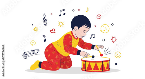 Child Playing Drum, Illustration Depicting Childhood Musical Interests And Creativity