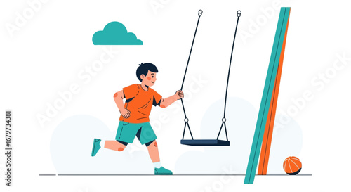 Child Playing Fun With Swing and Sport Ball in a Summer Day Illustration
