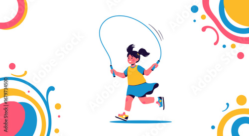 Cheerful Girl Joyfully Skipped Rope Vector Illustration Isolated On White Background