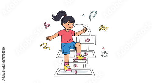 Cheerful Girl Playing Hopscotch, Engaging In Playful Childhood Activities and Recreation