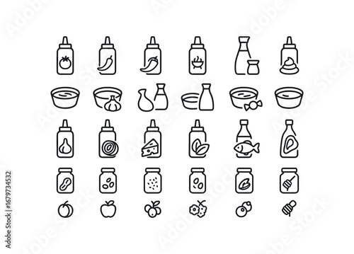 vector outline icons Sauce (Types) sauce tomato sauce chili sauce bbq sauce mustard sauce ketchup sauce mayo sauce ranch sauce soy sauce teriyaki sauce sweet sauce sour sauce curry sauce.