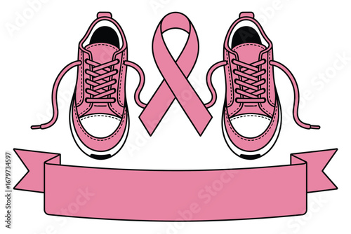 Pink ribbon between two sneakers with banner below for breast cancer awareness campaign design vector art