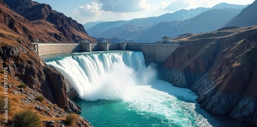 Majestic hydroelectric dam generating clean energy, powerful water flow cascading over spillway, impressive engineering feat against dramatic mountain backdrop , energy, power