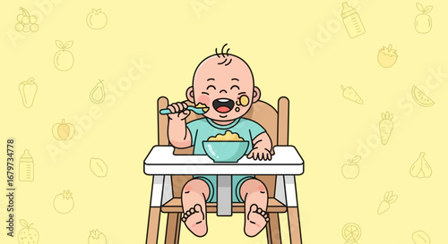 Cheerful Infant Eating From A Bowl, Baby Enjoying Mealtime And Food With Joyful Expression