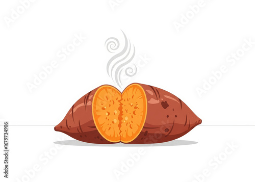 Steaming Hot Cooked Sweet Potato Cut in Half Isolated on a White Background