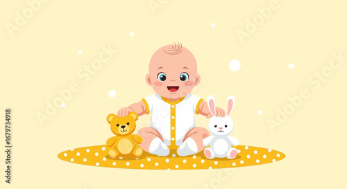 Cheerful Infant Playing With Toys On A Yellow Background Depicting Happiness and Joy