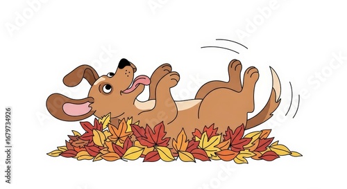 Wallpaper Mural Happy Cartoon Dog Playing in a Pile of Colorful Autumn Leaves on a White Background Torontodigital.ca