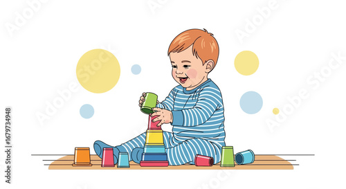 Cheerful Infant Skillfully Arranging Colorful Stacking Cups, Smiling Joyfully at Playtime