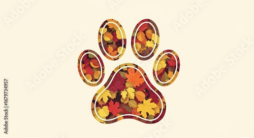 Dog Paw Print Silhouette Filled with Colorful Autumn Leaves on Cream Background