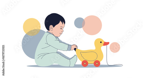Child Playing With Toy: Simple, Soft-Colored, Playful Illustration of Early Childhood Joy