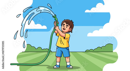 Cheerful kid watering a garden with hose on a sunny day for outdoor activity